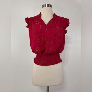 Maison d'Amélie Red Floral Flutter Sleeve Smocked Waist Blouse